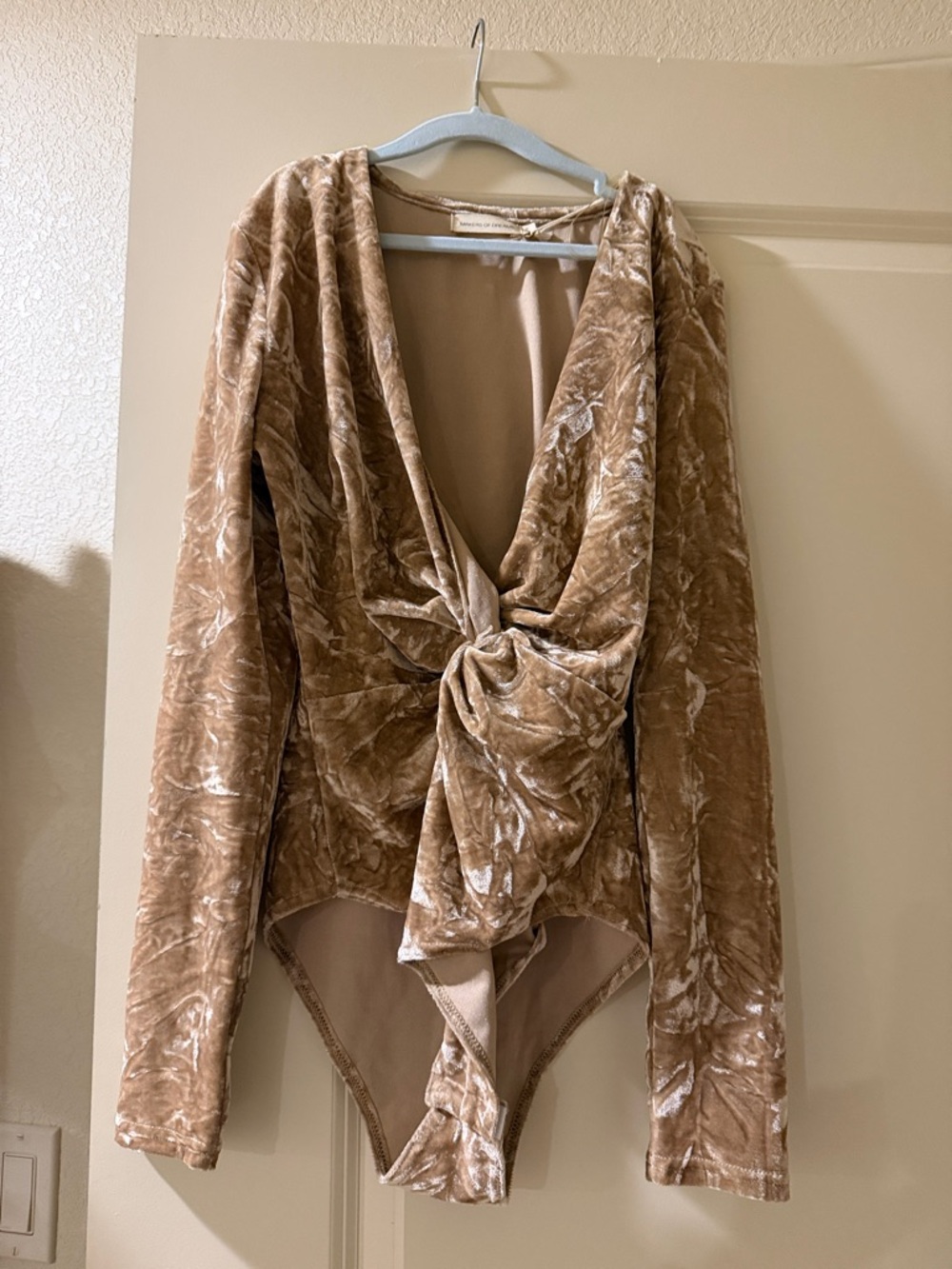 Velvet Twist-Front Bodysuit in Taupe